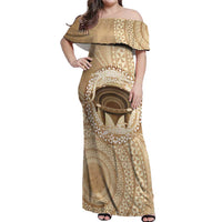 Tonga Skink Kava Bowl Off Shoulder Maxi Dress Vintage Tongan Ngatu Pattern