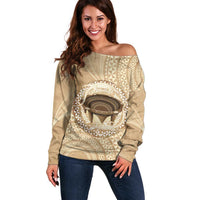 Tonga Skink Kava Bowl Off Shoulder Sweater Vintage Tongan Ngatu Pattern