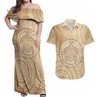 Tonga Ngatu Turtle Couples Matching Off Shoulder Maxi Dress and Hawaiian Shirt Vintage Tongan Tapa Cloth