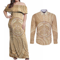 Tonga Ngatu Turtle Couples Matching Off Shoulder Maxi Dress and Long Sleeve Button Shirt Vintage Tongan Tapa Cloth