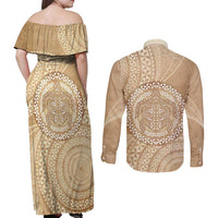 Tonga Ngatu Turtle Couples Matching Off Shoulder Maxi Dress and Long Sleeve Button Shirt Vintage Tongan Tapa Cloth