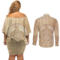 Tonga Ngatu Turtle Couples Matching Off Shoulder Short Dress and Long Sleeve Button Shirt Vintage Tongan Tapa Cloth