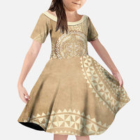 Tonga Ngatu Turtle Family Matching Off Shoulder Short Dress and Hawaiian Shirt Vintage Tongan Tapa Cloth LT14 Daughter's Dress Brown - Polynesian Pride