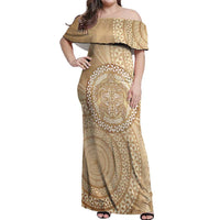 Tonga Ngatu Turtle Off Shoulder Maxi Dress Vintage Tongan Tapa Cloth