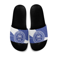 Queen Salote College 100th Anniversary Personalized Slide Sandals Est 1926 Kolisi Fefine Tongan Ngatu Pattern LT14 Blue - Polynesian Pride