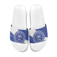 Queen Salote College 100th Anniversary Personalized Slide Sandals Est 1926 Kolisi Fefine Tongan Ngatu Pattern LT14 Blue - Polynesian Pride