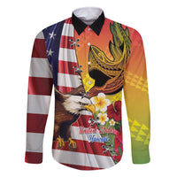 Personalised United States And Hawaii Family Matching Summer Maxi Dress and Hawaiian Shirt USA Eagle With Hawaiian Shark Tattoo LT14 Dad's Shirt - Long Sleeve Red - Polynesian Pride