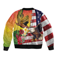 Personalised United States And Hawaii Sleeve Zip Bomber Jacket USA Eagle With Hawaiian Shark Tattoo