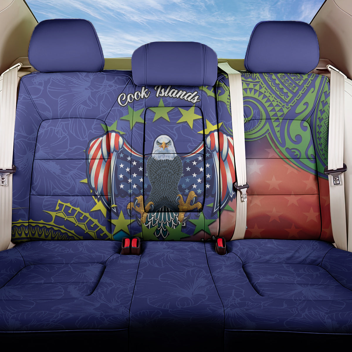 Personalised United States And Cook Islands Back Car Seat Cover USA Eagle Mix Polynesian Pattern