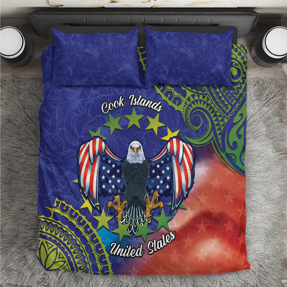 Personalised United States And Cook Islands Bedding Set USA Eagle Mix Polynesian Pattern