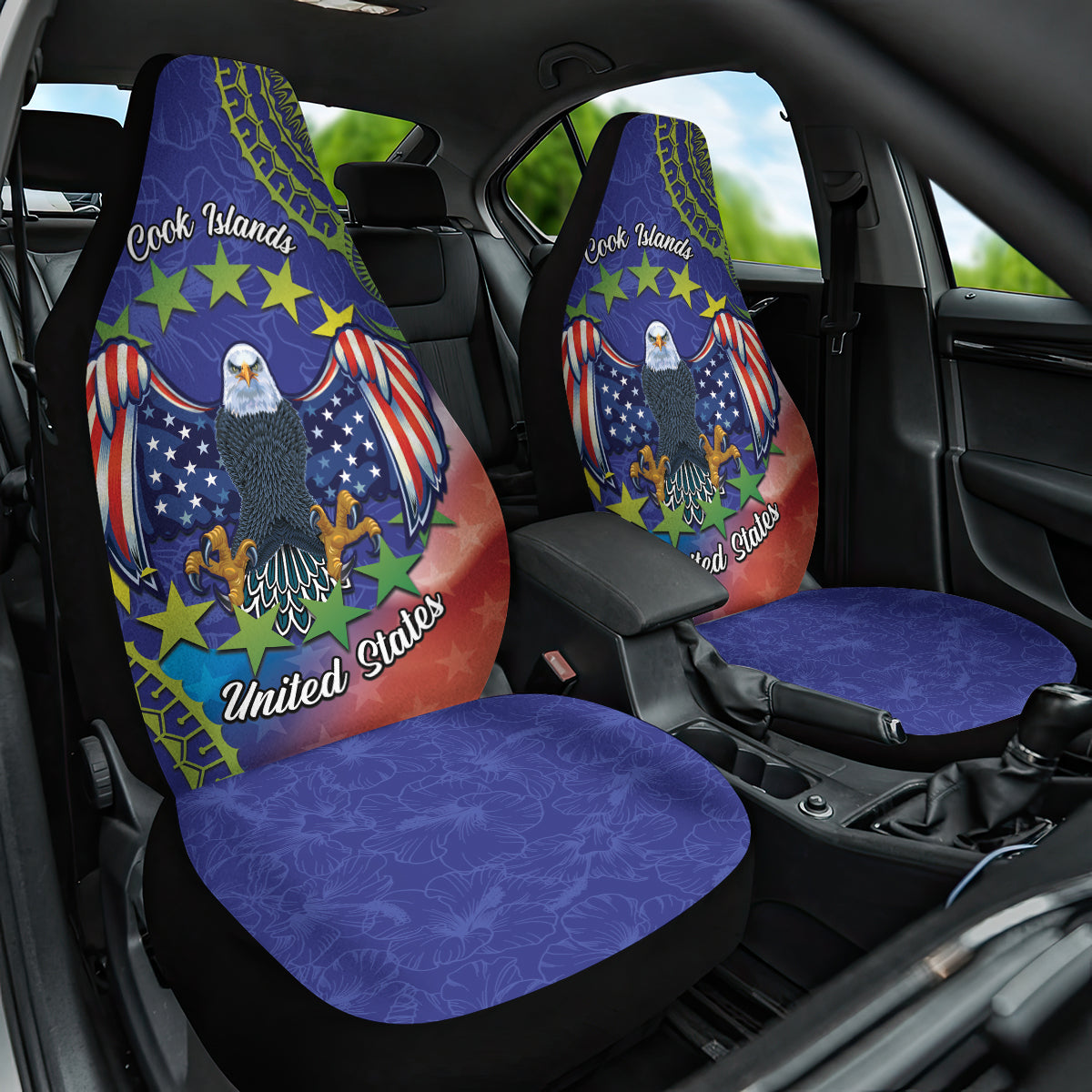 Personalised United States And Cook Islands Car Seat Cover USA Eagle Mix Polynesian Pattern