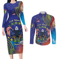 Personalised United States And Cook Islands Couples Matching Long Sleeve Bodycon Dress and Long Sleeve Button Shirt USA Eagle Mix Polynesian Pattern