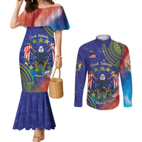 Personalised United States And Cook Islands Couples Matching Mermaid Dress and Long Sleeve Button Shirt USA Eagle Mix Polynesian Pattern