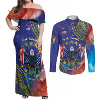 Personalised United States And Cook Islands Couples Matching Off Shoulder Maxi Dress and Long Sleeve Button Shirt USA Eagle Mix Polynesian Pattern