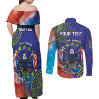 Personalised United States And Cook Islands Couples Matching Off Shoulder Maxi Dress and Long Sleeve Button Shirt USA Eagle Mix Polynesian Pattern