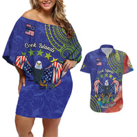 Personalised United States And Cook Islands Couples Matching Off Shoulder Short Dress and Hawaiian Shirt USA Eagle Mix Polynesian Pattern