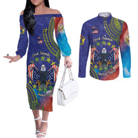 Personalised United States And Cook Islands Couples Matching Off The Shoulder Long Sleeve Dress and Long Sleeve Button Shirt USA Eagle Mix Polynesian Pattern