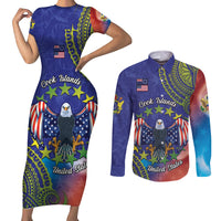 Personalised United States And Cook Islands Couples Matching Short Sleeve Bodycon Dress and Long Sleeve Button Shirt USA Eagle Mix Polynesian Pattern