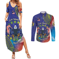 Personalised United States And Cook Islands Couples Matching Summer Maxi Dress and Long Sleeve Button Shirt USA Eagle Mix Polynesian Pattern