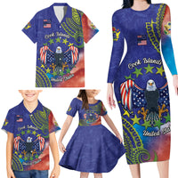 Personalised United States And Cook Islands Family Matching Long Sleeve Bodycon Dress and Hawaiian Shirt USA Eagle Mix Polynesian Pattern