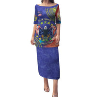 Personalised United States And Cook Islands Puletasi USA Eagle Mix Polynesian Pattern LT14 Long Dress Blue - Polynesian Pride
