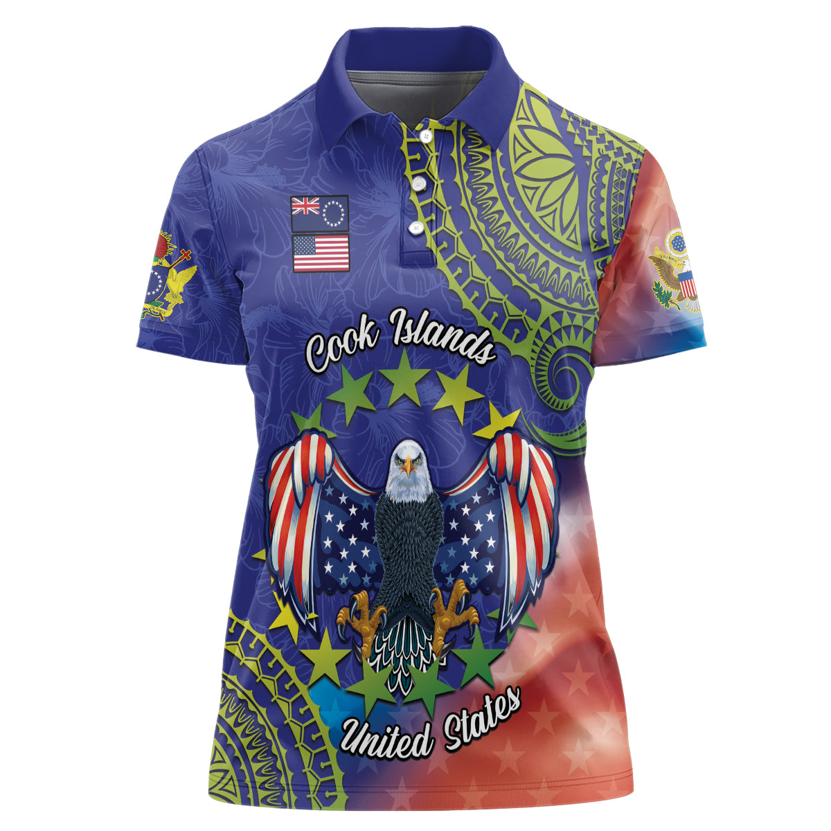 Personalised United States And Cook Islands Women Polo Shirt USA Eagle Mix Polynesian Pattern