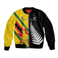Custom New Zealand and Zimbabwe Sleeve Zip Bomber Jacket NZ Fern Zim Flag Half Style LT14 Unisex Black - Polynesian Pride