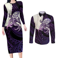Purple Galaxy Polynesia Tribal Octopus Tattoo Couples Matching Long Sleeve Bodycon Dress and Long Sleeve Button Shirt Pikake Lei Polynesian Pattern