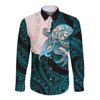 Teal Galaxy Polynesia Tribal Octopus Tattoo Long Sleeve Button Shirt Pikake Lei Polynesian Pattern