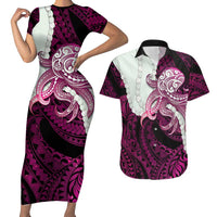 Pink Galaxy Polynesia Tribal Octopus Tattoo Couples Matching Short Sleeve Bodycon Dress and Hawaiian Shirt Pikake Lei Polynesian Pattern