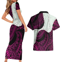 Pink Galaxy Polynesia Tribal Octopus Tattoo Couples Matching Short Sleeve Bodycon Dress and Hawaiian Shirt Pikake Lei Polynesian Pattern