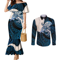 Blue Galaxy Polynesia Tribal Octopus Tattoo Couples Matching Mermaid Dress and Long Sleeve Button Shirt Pikake Lei Polynesian Pattern LT14 Blue - Polynesian Pride