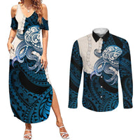 Blue Galaxy Polynesia Tribal Octopus Tattoo Couples Matching Summer Maxi Dress and Long Sleeve Button Shirt Pikake Lei Polynesian Pattern