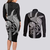 Kanaloa Aloha Hawaii Couples Matching Long Sleeve Bodycon Dress and Long Sleeve Button Shirt Humpback Whale Octopus Tattoo Kakau Pattern