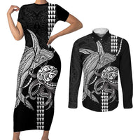 Kanaloa Aloha Hawaii Couples Matching Short Sleeve Bodycon Dress and Long Sleeve Button Shirt Humpback Whale Octopus Tattoo Kakau Pattern