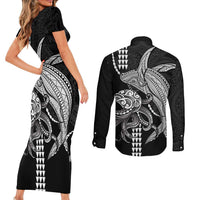 Kanaloa Aloha Hawaii Couples Matching Short Sleeve Bodycon Dress and Long Sleeve Button Shirt Humpback Whale Octopus Tattoo Kakau Pattern