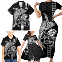 Kanaloa Aloha Hawaii Family Matching Short Sleeve Bodycon Dress and Hawaiian Shirt Humpback Whale Octopus Tattoo Kakau Pattern