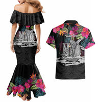 Personalised Hawaii Couples Matching Mermaid Dress and Hawaiian Shirt Humpback Whale Tattoo With Tropical Flowers Black