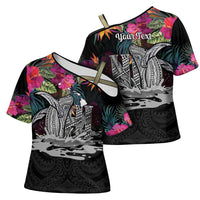 Personalised Hawaii Cross Shoulder Shirt Humpback Whale Tattoo With Tropical Flowers Black LT14 - Polynesian Pride