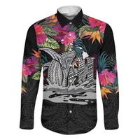Personalised Hawaii Family Matching Puletasi and Hawaiian Shirt Humpback Whale Tattoo With Tropical Flowers Black LT14 Dad's Shirt - Long Sleeve Black - Polynesian Pride