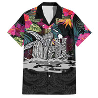 Personalised Hawaii Hawaiian Shirt Humpback Whale Tattoo With Tropical Flowers Black LT14 Black - Polynesian Pride