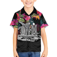 Personalised Hawaii Hawaiian Shirt Humpback Whale Tattoo With Tropical Flowers Black LT14 - Polynesian Pride