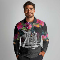 Personalised Hawaii Long Sleeve Polo Shirt Humpback Whale Tattoo With Tropical Flowers Black LT14 - Polynesian Pride