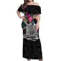 Personalised Hawaii Off Shoulder Maxi Dress Humpback Whale Tattoo With Tropical Flowers Black