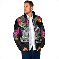 Personalised Hawaii Padded Jacket Humpback Whale Tattoo With Tropical Flowers Black LT14 - Polynesian Pride