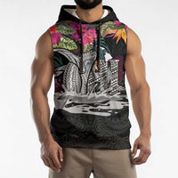 Personalised Hawaii Sleeveless Hoodie Humpback Whale Tattoo With Tropical Flowers Black LT14 - Polynesian Pride