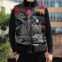 Personalised Hawaii Sleeveless Puffer Jacket Humpback Whale Tattoo With Tropical Flowers Black