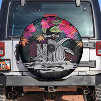 Personalised Hawaii Spare Tire Cover Humpback Whale Tattoo With Tropical Flowers Black