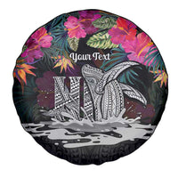 Personalised Hawaii Spare Tire Cover Humpback Whale Tattoo With Tropical Flowers Black