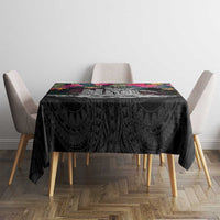 Personalised Hawaii Tablecloth Humpback Whale Tattoo With Tropical Flowers Black LT14 - Polynesian Pride